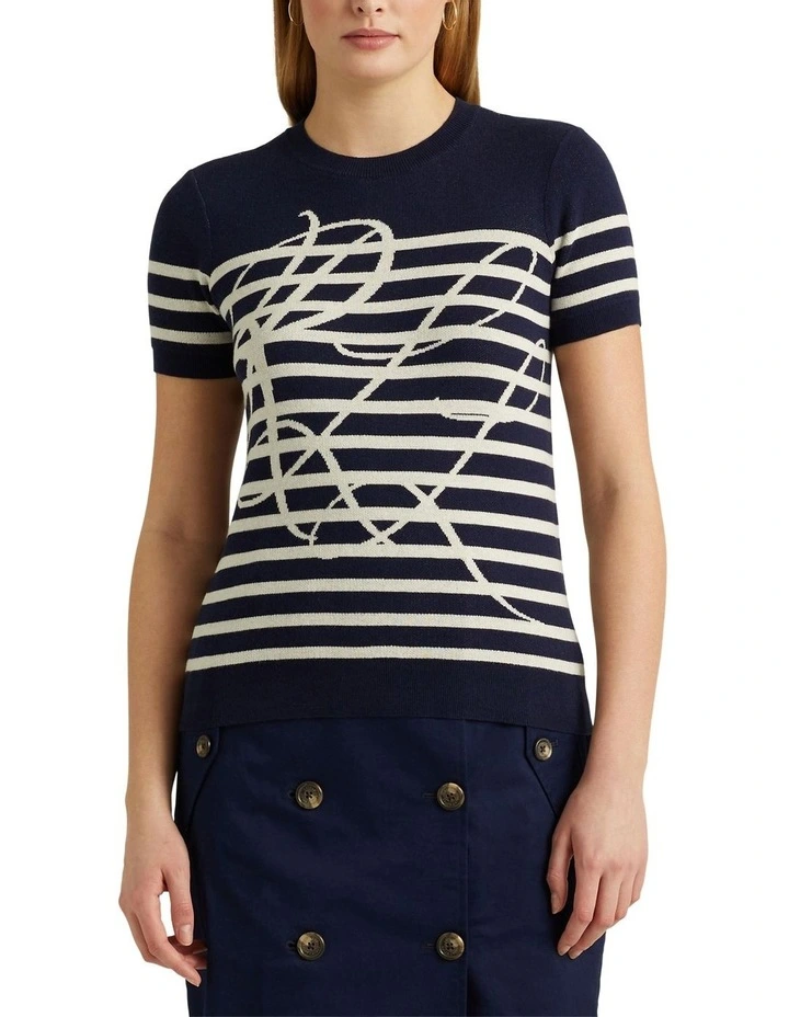 Logo Striped Short-Sleeve Sweater in Navy