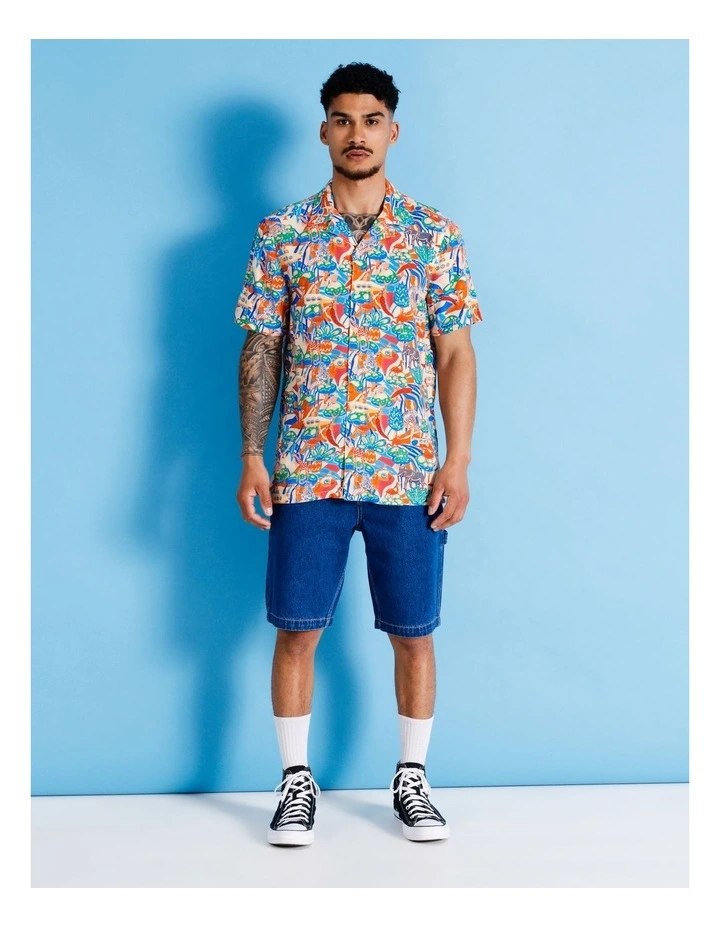 Sgt Peppers Print Short Sleeve Rayon Shirt in Orange