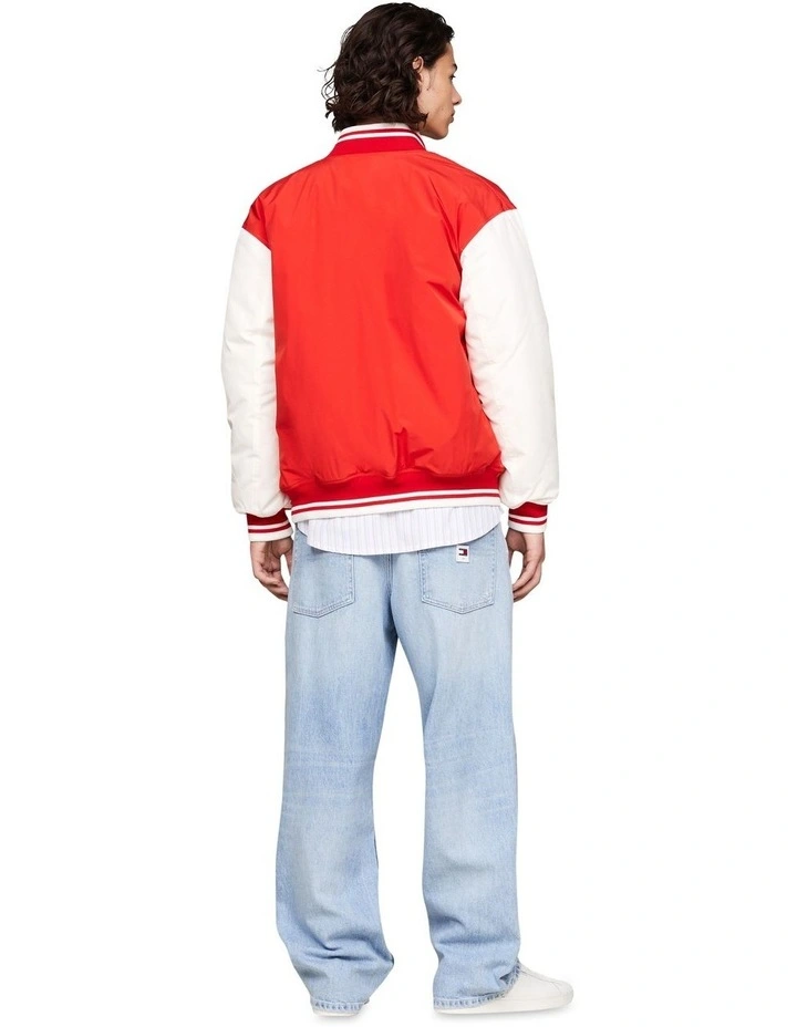 Varsity Colour-Blocked Letterman Jacket in Red