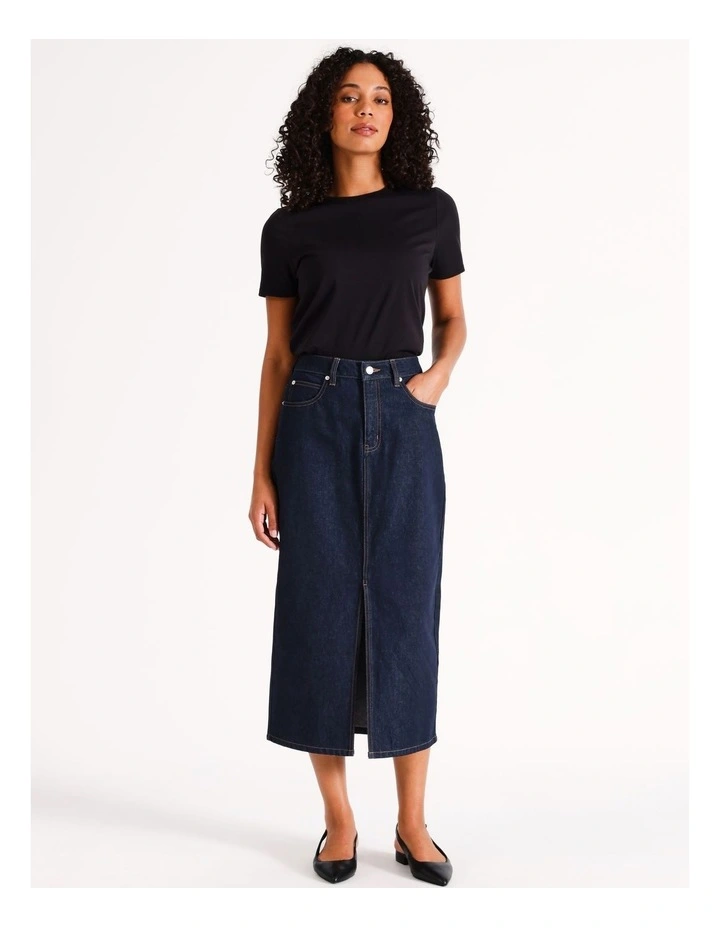 Organic Blend Denim Midi Skirt in Indigo