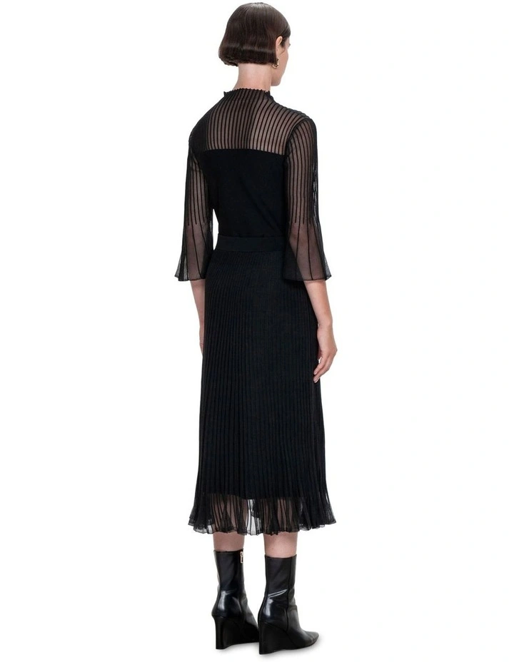 Sheer Pleated Knit Skirt in Black