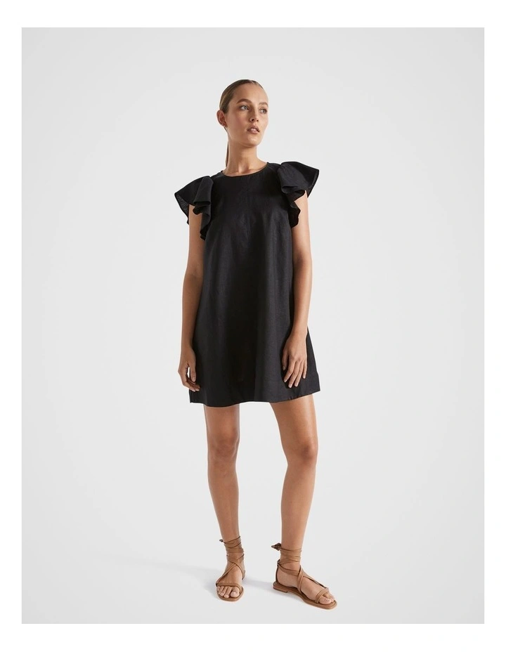 Core Linen Frill Sleeve Mini Dress in Black