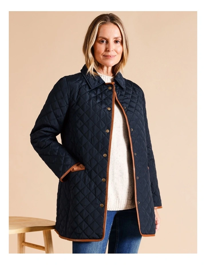 Recycled Polyester Short PU Trim Quilted Jacket In Navy