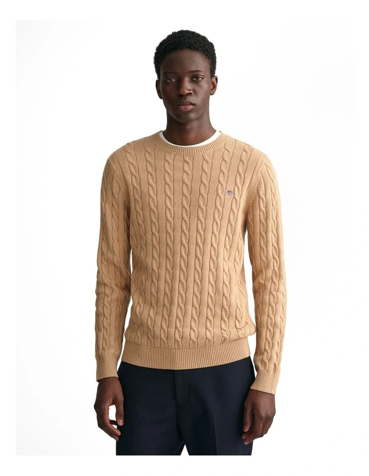 Cotton Cable Knit Crew Neck Sweater in Khaki Melange