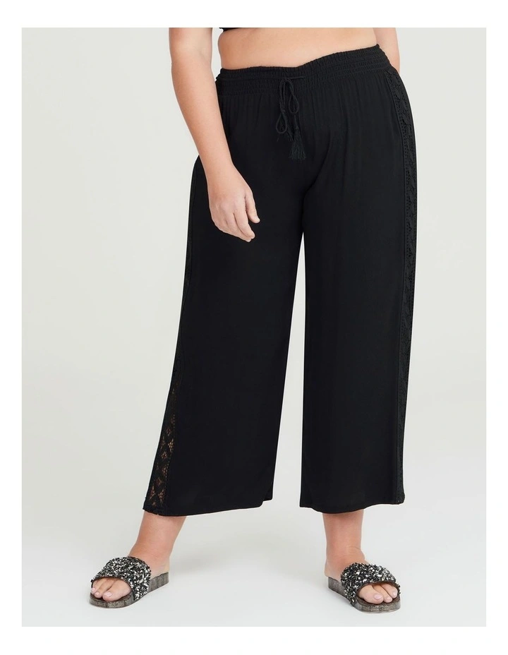 Lace Trim Pull On Pant in Black