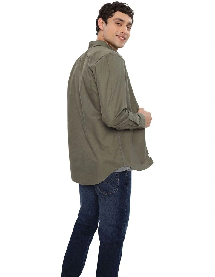 Slim Fit Flex Oxford Button-Up Shirt in Green Olive