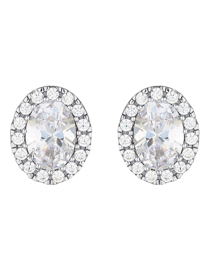 Oval Halo Stud Earrings in Silver