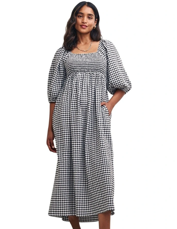 Kylie Midi Dress in Black Gingham