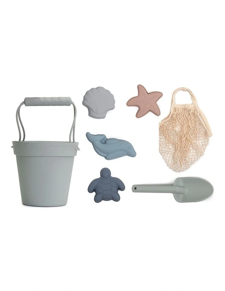 Silicone Beach Toys Bucket, Spade & Mould Set with Cotton Mesh Tote