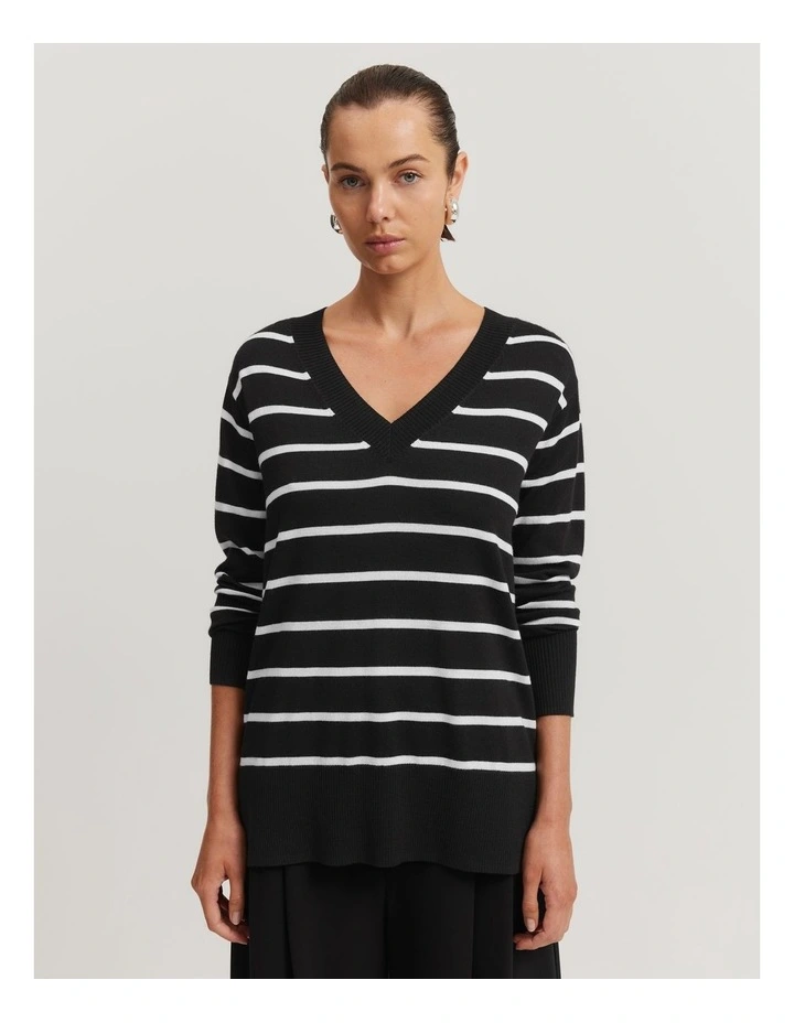 Stripe V-neck Knit in Black Stripe