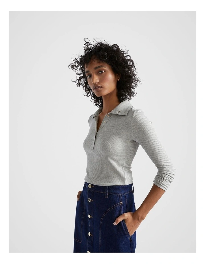 Core Rib Henley Top in Silver Marle