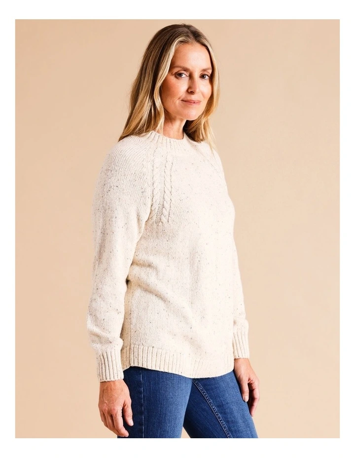 Twin Cable Armhole Jumper With Curved Hem In Ivory Fleck