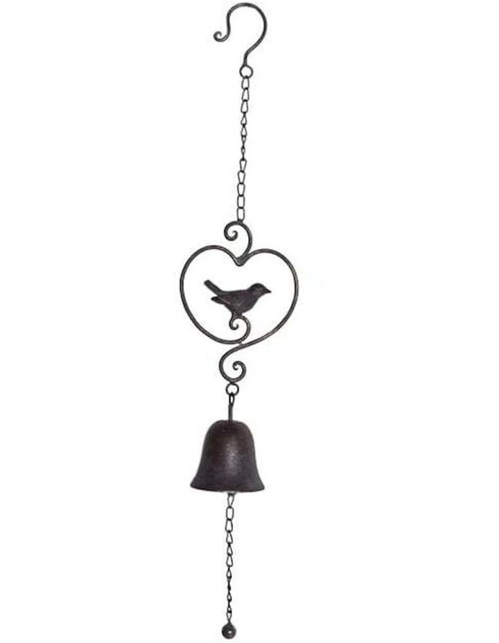 Hanging 'Bird in Heart' Garden Bell in Black