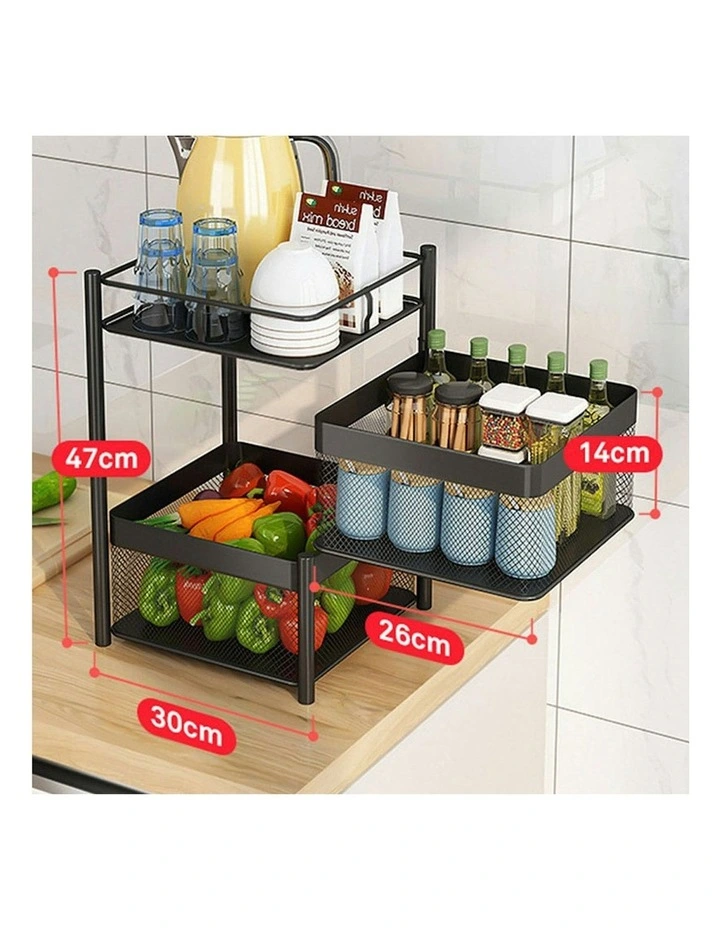 2 Tier Steel Square Rotating KitchenStorage Organizer with Wheels in Black
