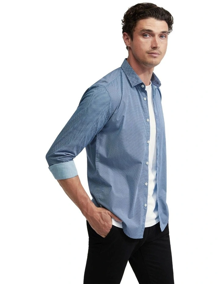 Kenton Printed Cotton Shirt in Blue
