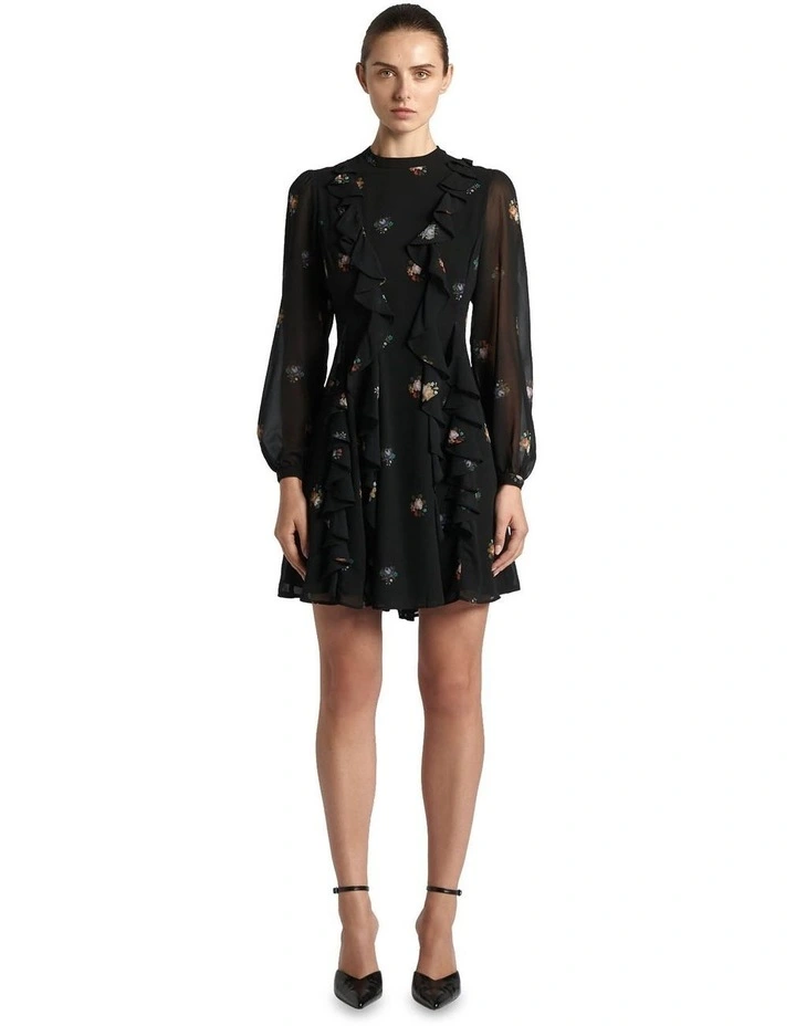 Midnight Garden Frill Mini Dress in Black