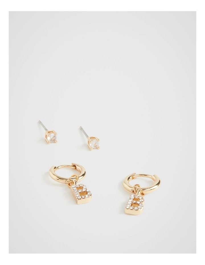 Crystal Initial Hoop Earring in Gold "B"