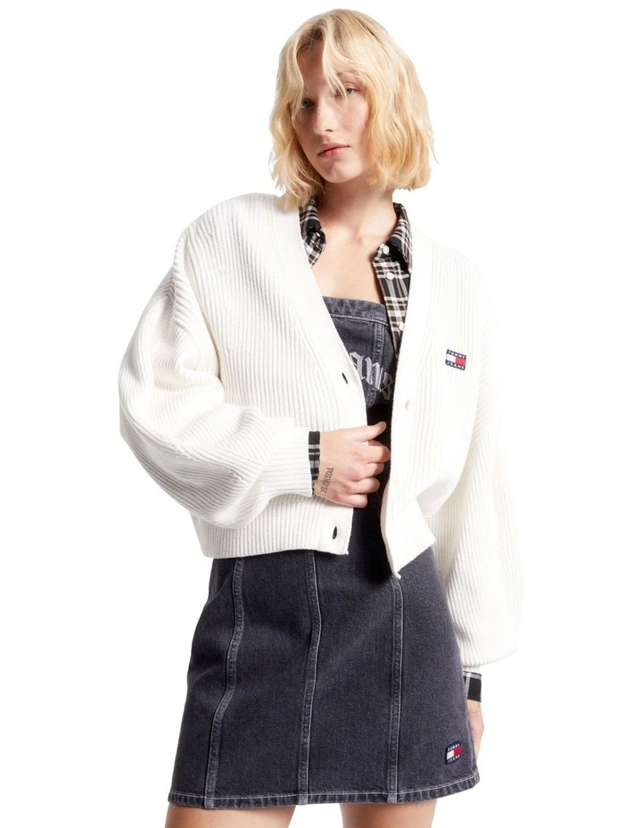 Essential Ribbed V-Neck Relaxed Cardigan in White