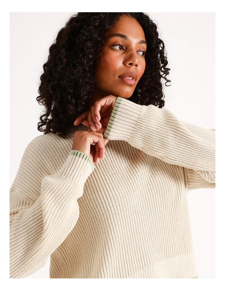Crew Neck Knit With Tipping in Stone / Sage