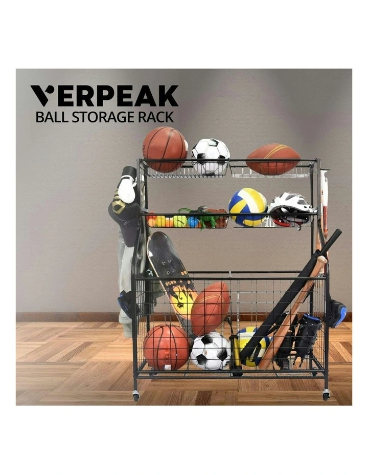 Durable Ball Storage and Organizer Rack with Holder in Black
