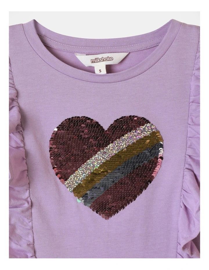 Heart Flip Sequin And Frill Shoulder Top in Lavender