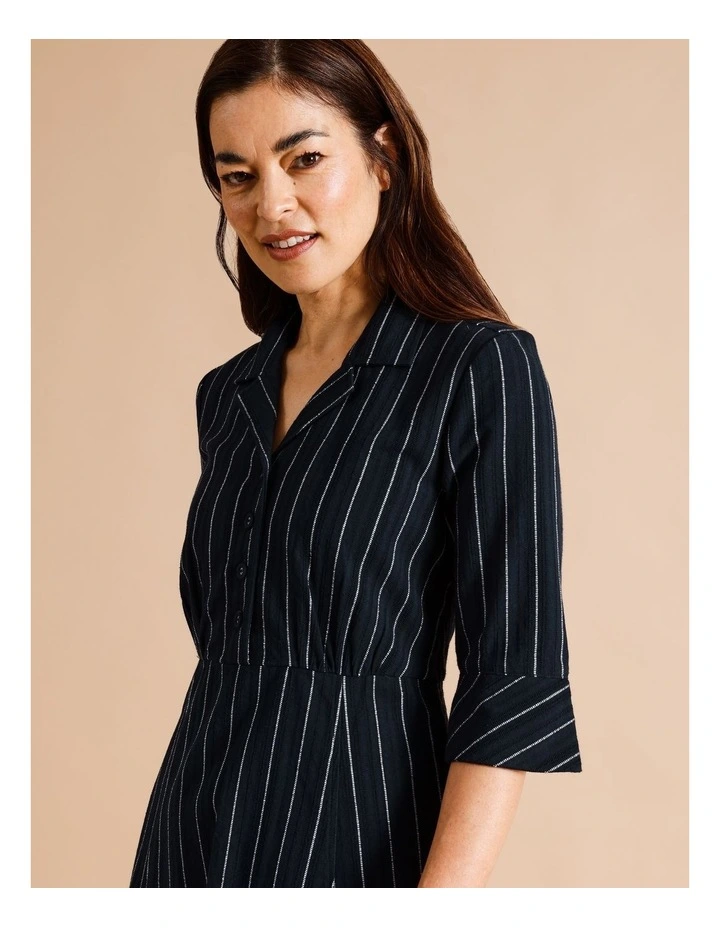 Organic Cotton Shirt Dress With Godet Skirt in Navy/White Stripe