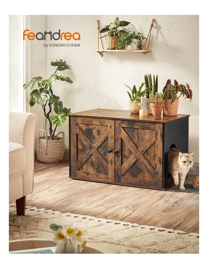 Cat Litter Box Privacy with Removable Divider Table Vintage in Brown