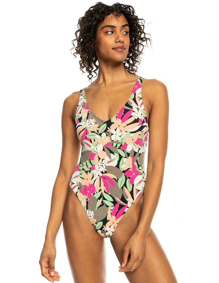 Printed Beach Classics High Leg One Piece Swimsuit in Anthracite Palm songs