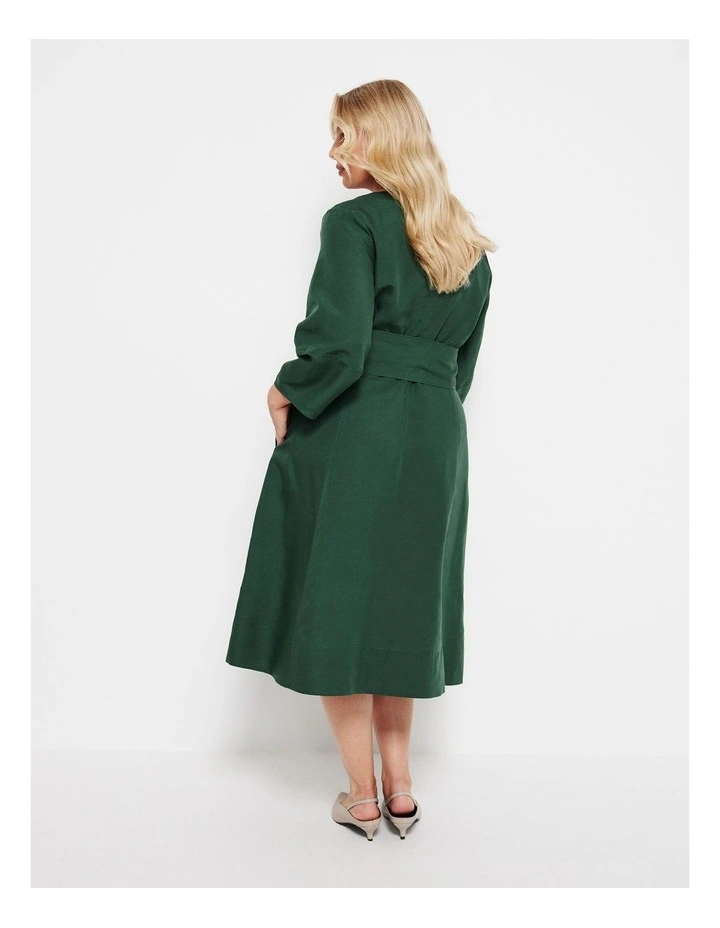 The Linen Blend Statement Sleeve Dress in Dark Green