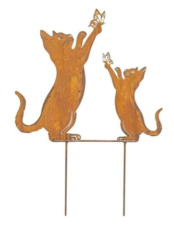Cat & Kitten Garden Stake 43cm in Rust