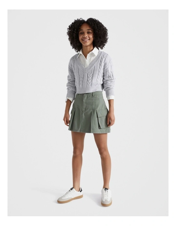 Crop V Cable Knitwear in Cloud Marle