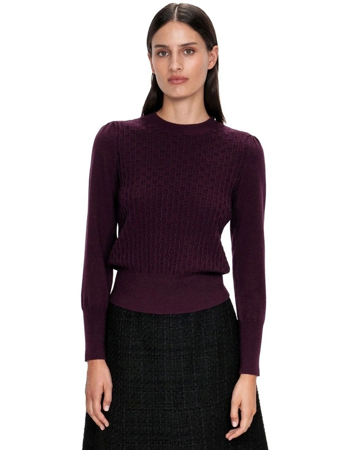 Fancy Stitch Puff Sleeve Knit Top in Wine
