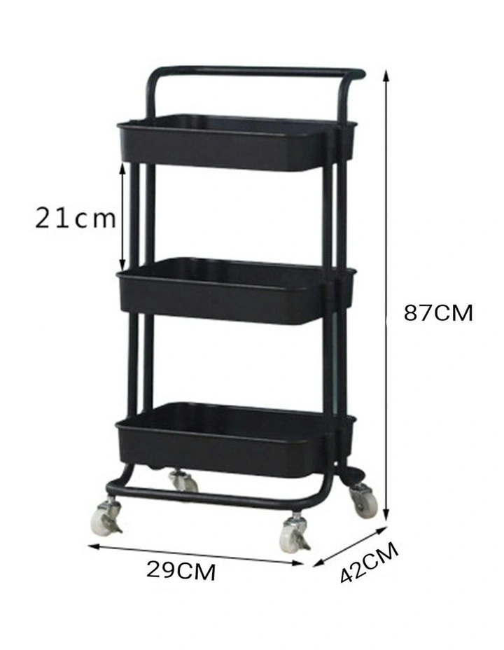 3 Tier Steel Movable Kitchen Storage Organizer with Wheels in Black