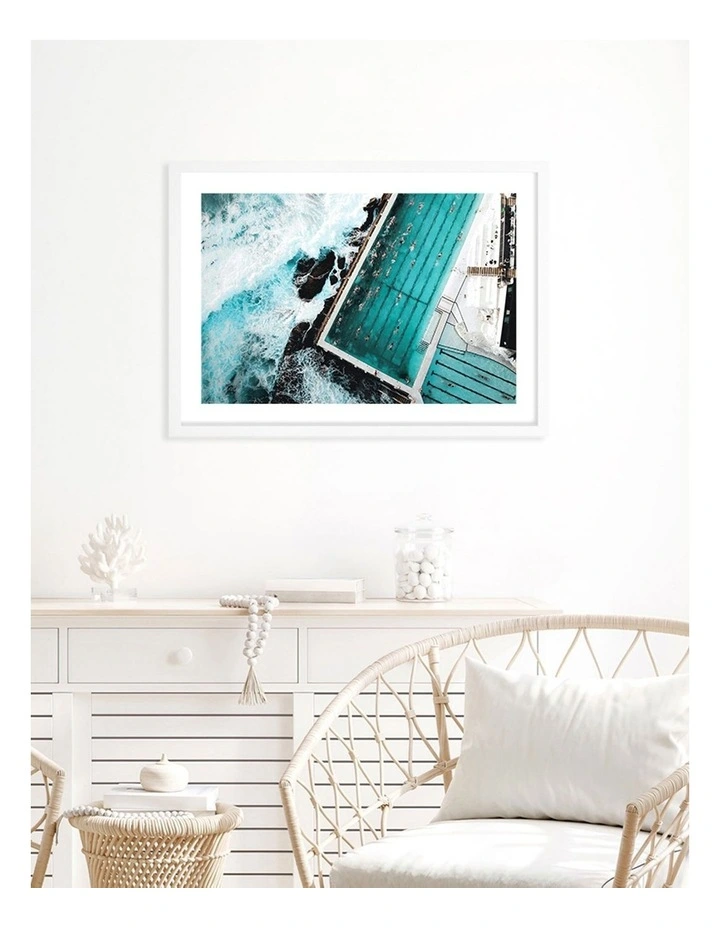Australian Made Bondi Icebergs Doing Laps Art Print A2 in White Frame