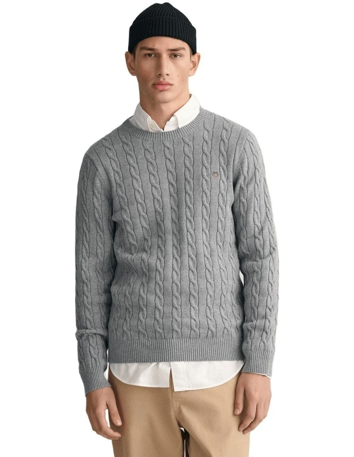 Cotton Cable Knit Crew Neck Sweater in Grey Melange