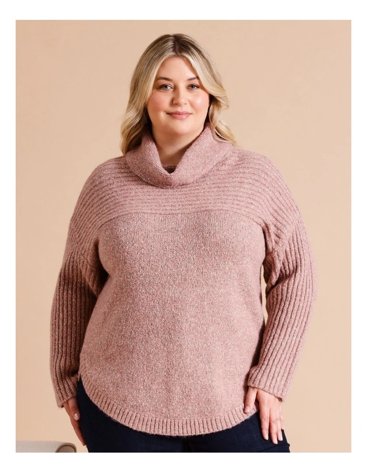 Recycled Polyester Blend Rib Yoke And Sleeve Cowl Neck Jumper In Pepperberry