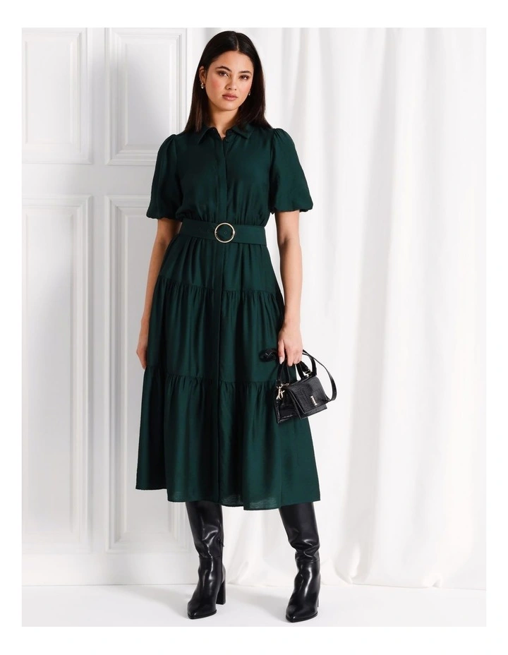 Puff Sleeve Belted Midi Shirt Dress in Dark Green