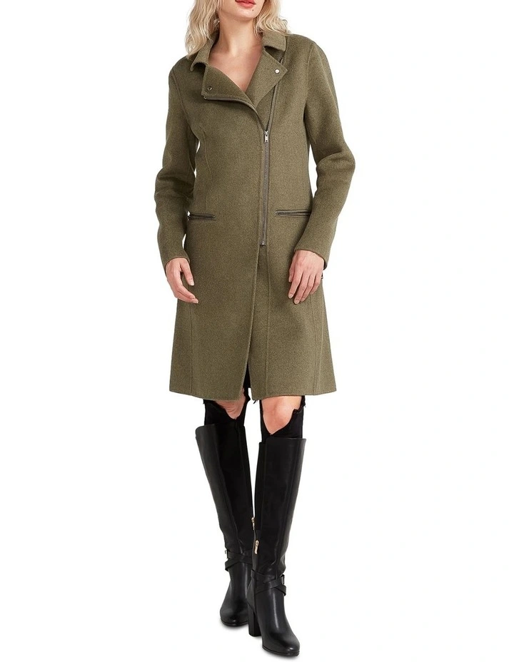 Last Chance Wool Blend Moto Coat in Khaki