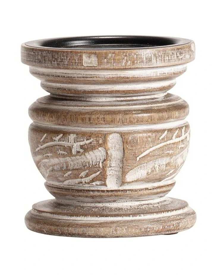 Willow & Silk Handcrafted Mangowood Carved Pillar Candleholder 10.5cm