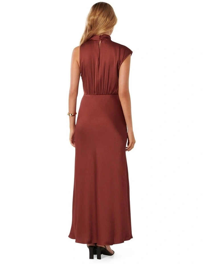 Sienna High Neck Satin Midi Dress in Brown