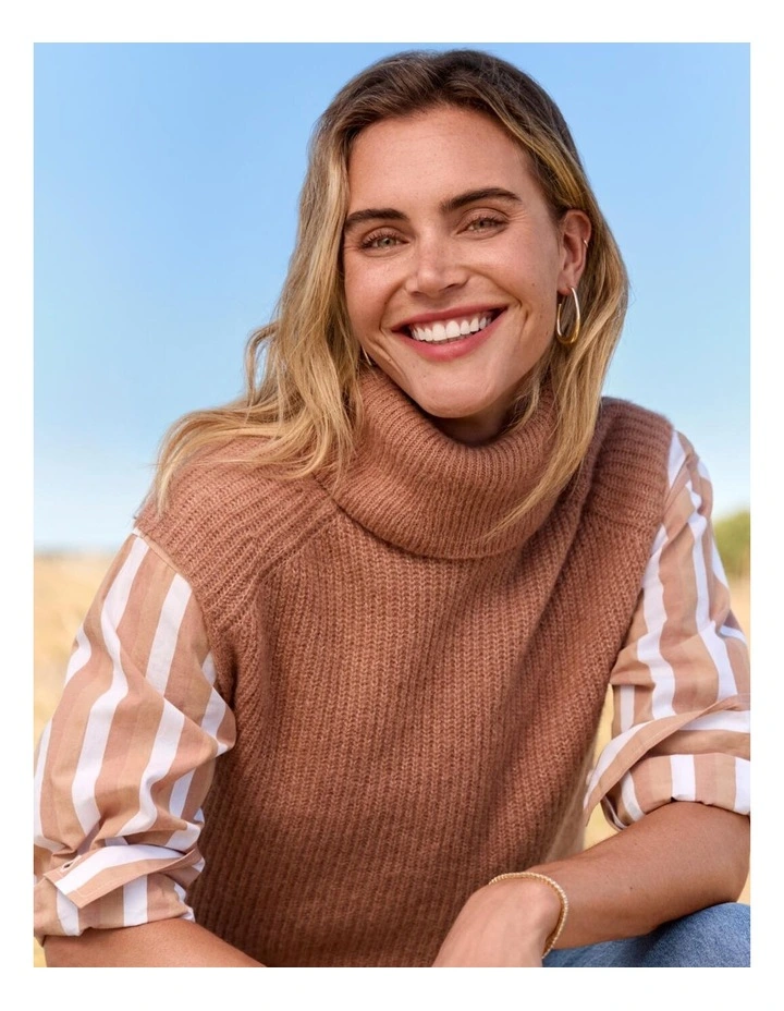 Funnel Neck Extended Shoulder Knit Vest in Tan