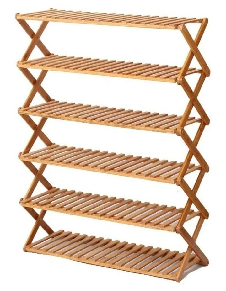 Eco Friendly Sturdy Foldable Bamboo Shoe Rack 6 Tier in Brown