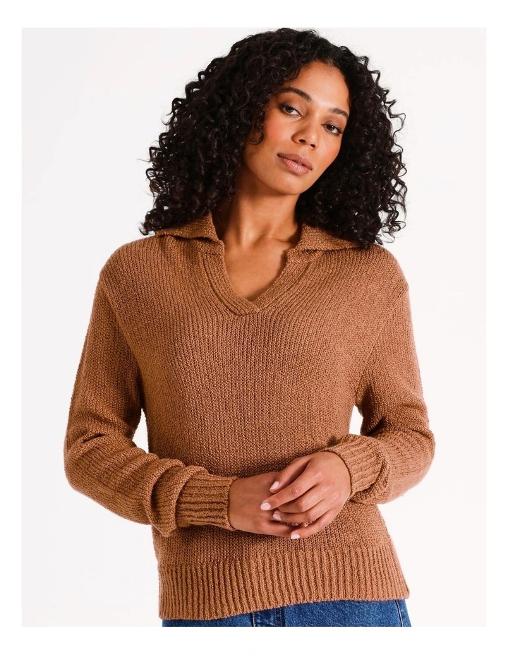 Boucle Knit Polo Jumper in Hazelnut