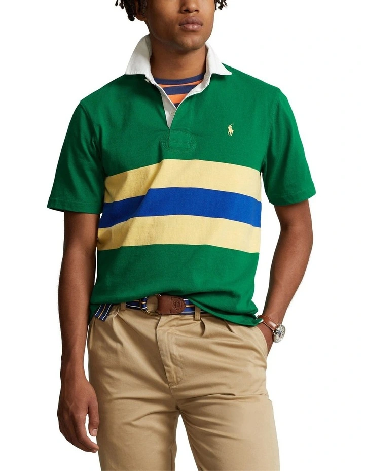 Classic Fit Striped Jersey Rugby Shirt in Green