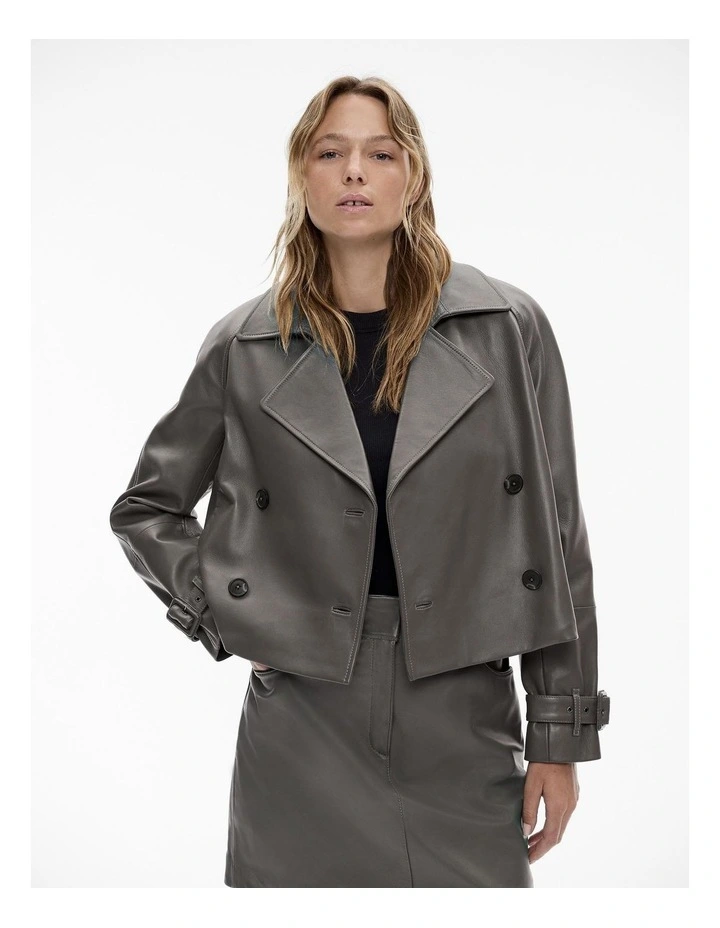 Leather Trench Jacket in Mid Grey