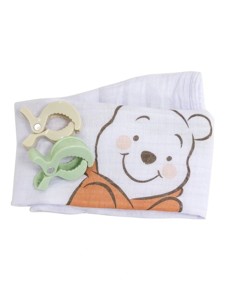 Winnie The Pooh Muslin Wrap and Pram Clips in White Multi