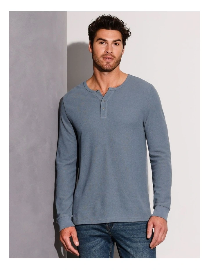 Neeson Long Sleeve Waffle Henley Tee in Blue