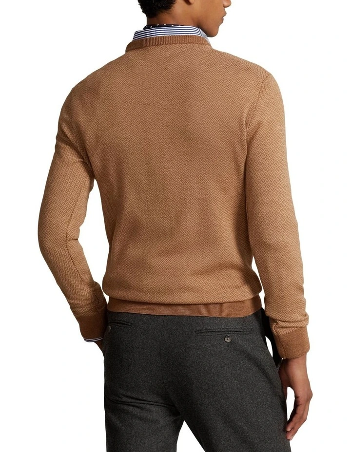 Herringbone-Knit Washable Wool Sweater in Beige