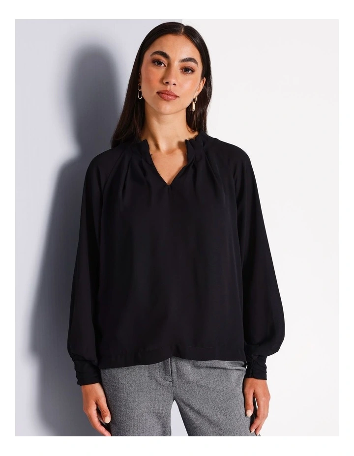 Long Sleeve Pinch Neck Top in Black