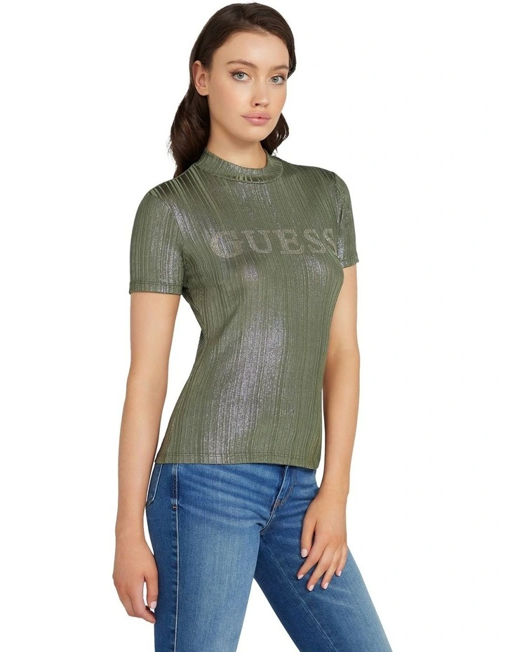 Short Sleeve High Neck Cristina Logo Top in Lichen Leaf Foil